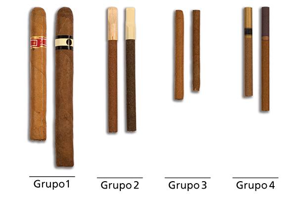 4 grupos de puros. El Grupo 1 muestra ejemplos de puros tradicionales. El Grupo 2 muestra ejemplos de puritos con boquillas de plástico y de madera. El Grupo 3 muestra ejemplos de puritos sin boquilla. El Grupo 4 muestra ejemplos de puros con filtro.